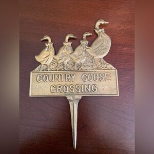 Brass Yard Sign Stake Double Sided “Country Goose Crossing”  11x7.5” Cottagecore